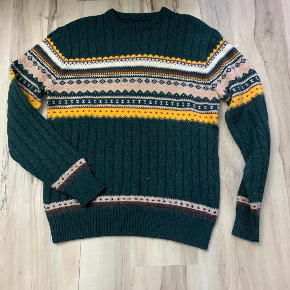 Vintage 70s Green Yellow Wool Knit Sweater Mens Medium Packers Colors Fair Isle